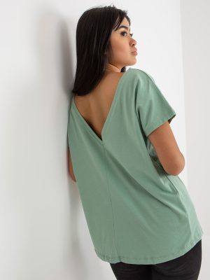 Pistacjowy t-shirt basic z dekoltem na plecach Fire