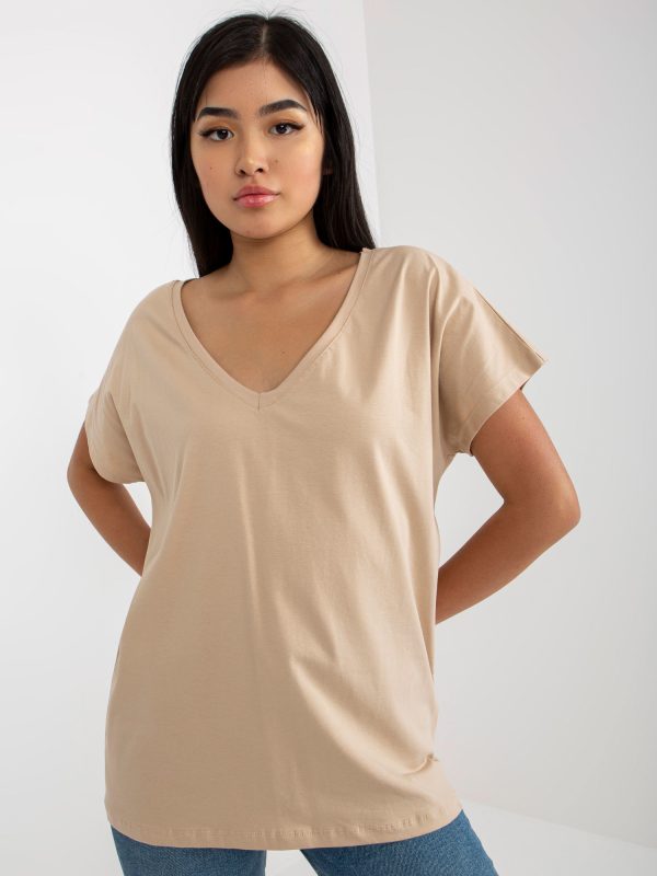 Beżowy luźny t-shirt basic z dekoltem V Emory