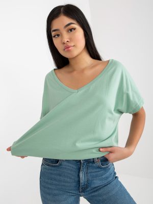 Pistacjowy klasyczny t-shirt basic z dekoltem w serek Emory