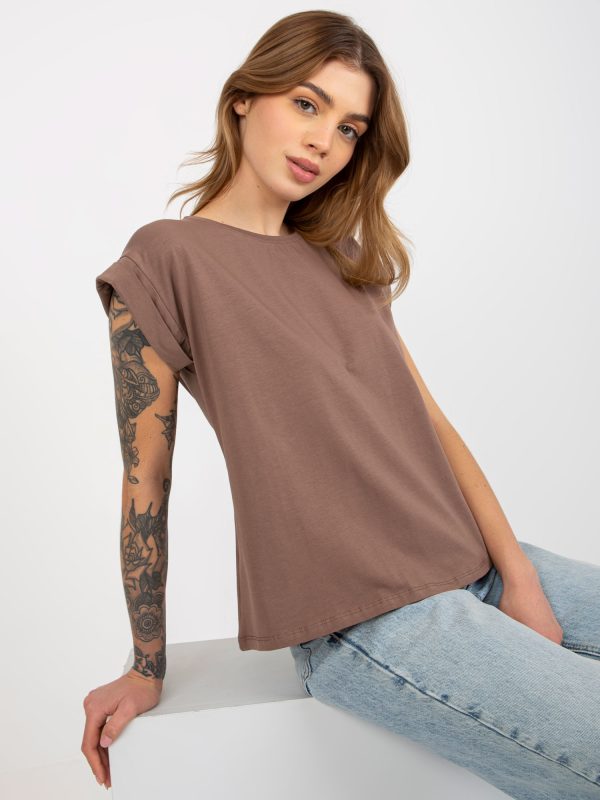 Brązowy jednokolorowy t-shirt basic z bawełny Revolution