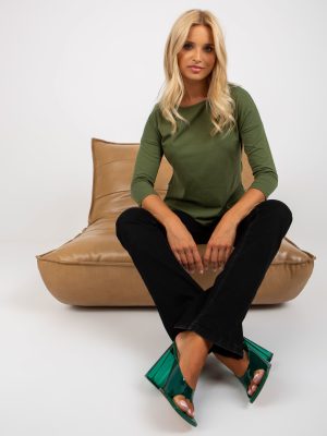 Khaki bawełniana bluzka basic z rękawem 3/4 April