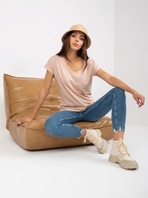 Beżowy damski t-shirt basic z krótkim rękawem
