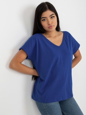 Kobaltowy gładki t-shirt basic z dekoltem w serek Emory